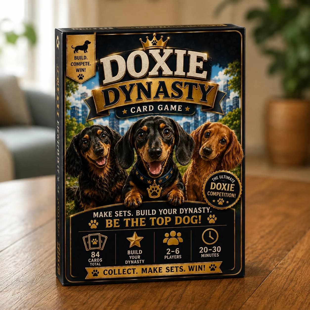 Complete Doxie Dynasty card game box standing on a wooden table