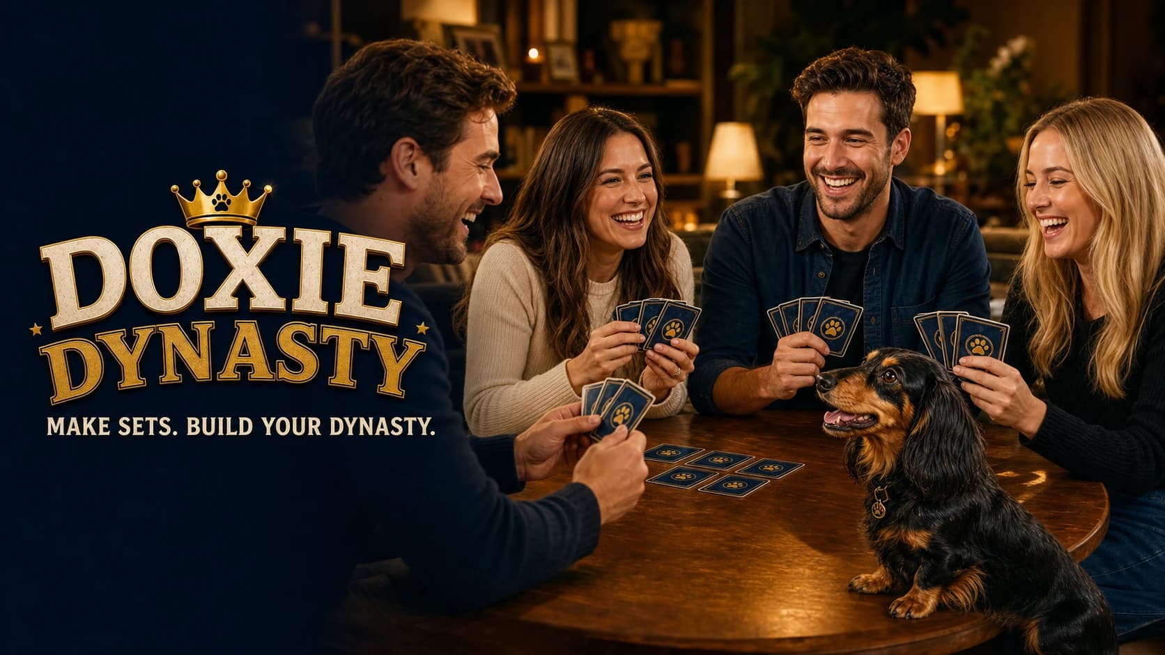Four friends laughing over a game of Doxie Dynasty with a dachshund at the table